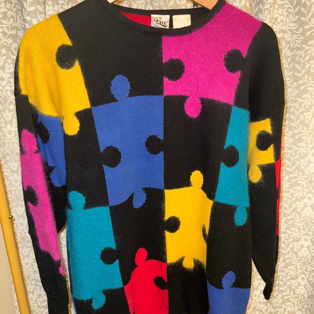 Colorful Vintage Autism Awarness Puzzle Pattern Oversized Wool Sweater